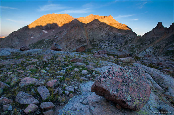 The highest fourteener in the Needles Range, Mount Eolus catches first light in late August. Eolus stands 14,083' and towers...